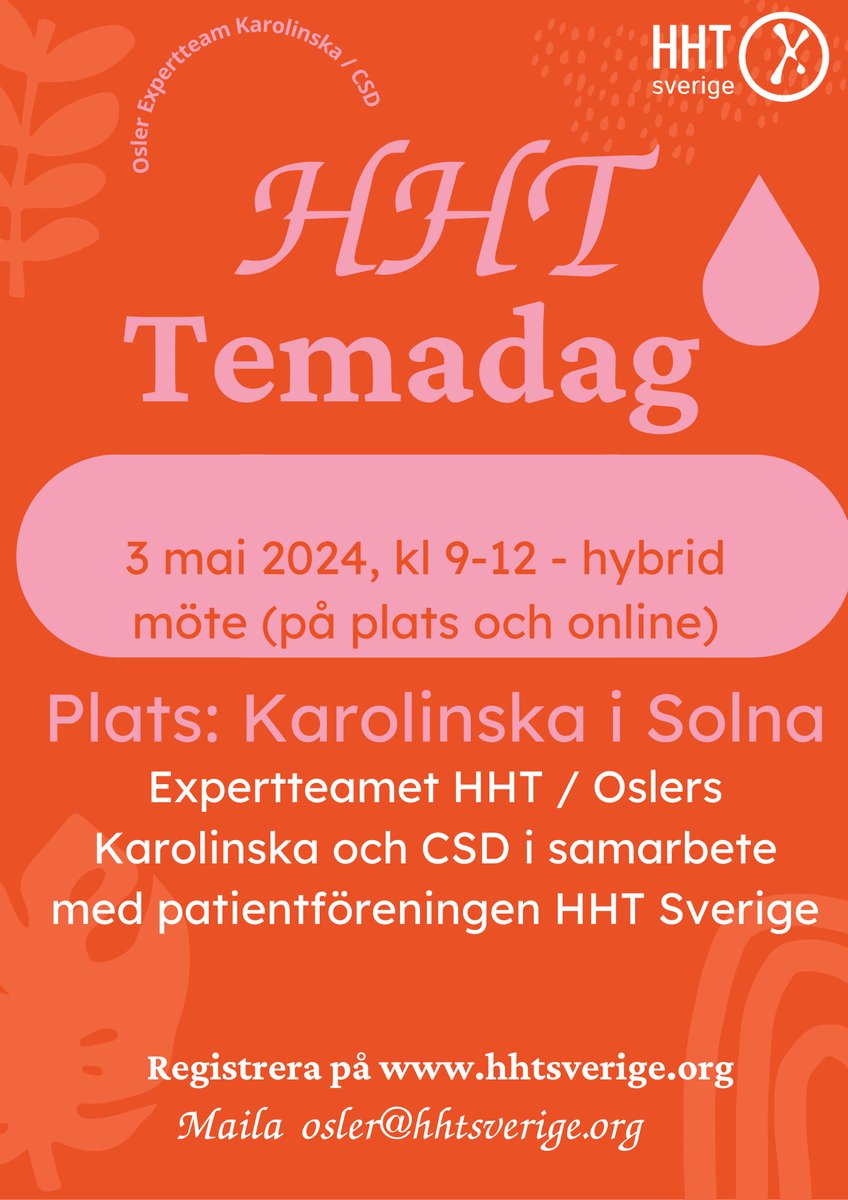 📢 Anmäl er nu till den kommande temadag om #HHT #Oslers den 3 maj! 🗓️ Ta del av expertpresentationer och patientberättelser om medicinsk behandling, laserbehandling och mycket mer. Anmäl er senast 26 april för att säkra er plats! 👥💡 #CSD #KI #expertteam hhtsverige.org