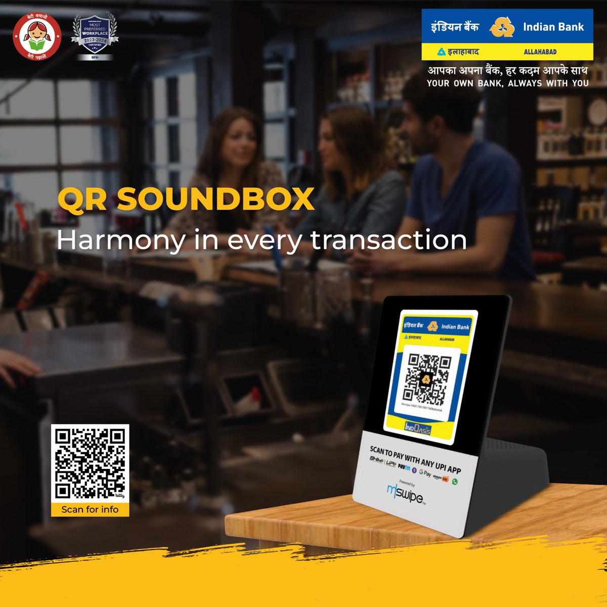 Make your customers' payment experience seamless and your business operations effortless with Indian Bank QR Soundbox.
Know More : bit.ly/IB_QRSoundBox
#IndianBank 
@DFS_India