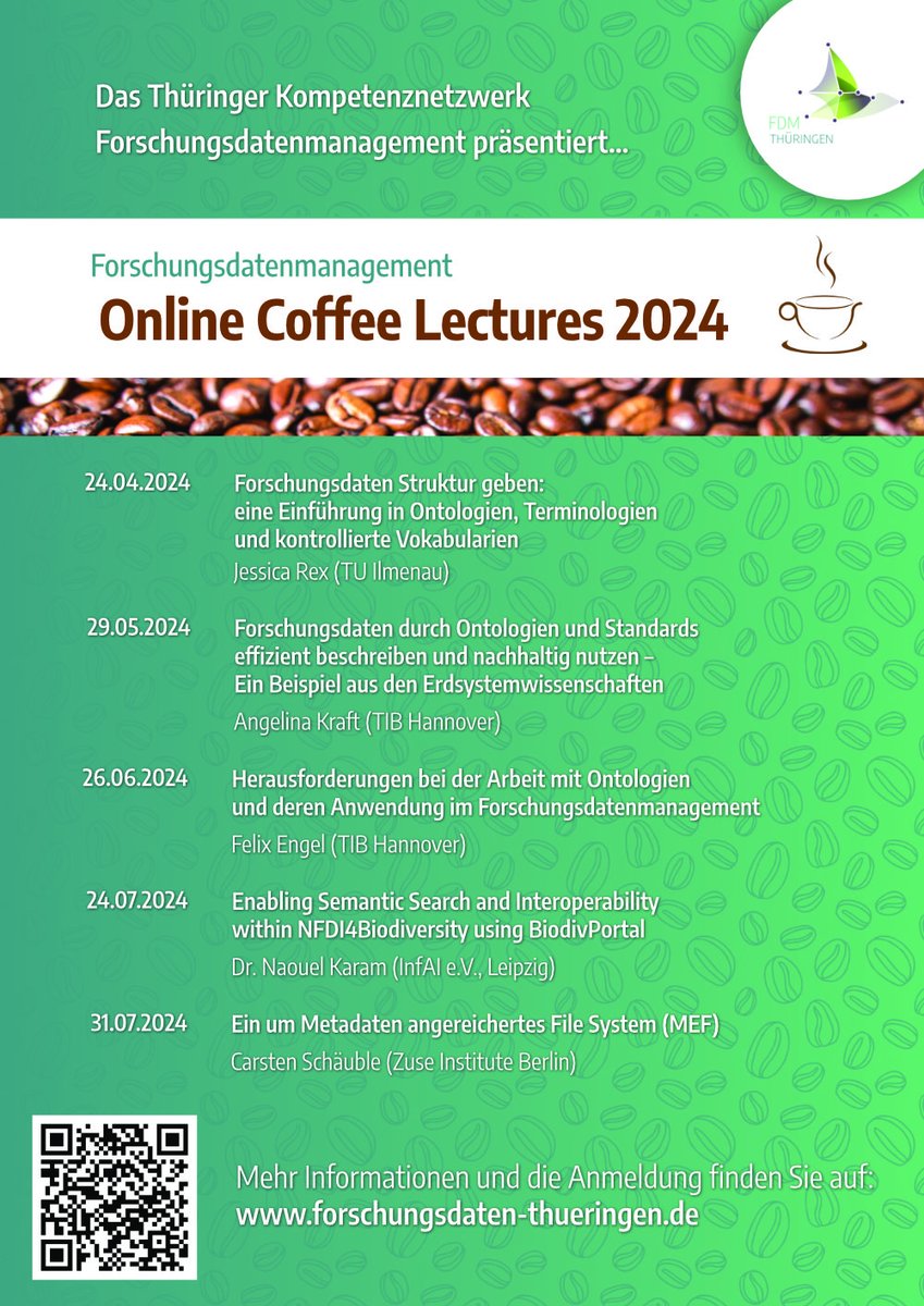 Am 24.04. um 14 Uhr startet unsere neue Online #CoffeeLecture Reihe zum Thema Metadaten, Ontologien und Terminologien! Wir zeigen euch welche Services hier zur Verfügung stehen und wie sie für Forschungsdatenmanagement eingesetzt werden können. Mehr Info: forschungsdaten-thueringen.de/nachricht/coff…