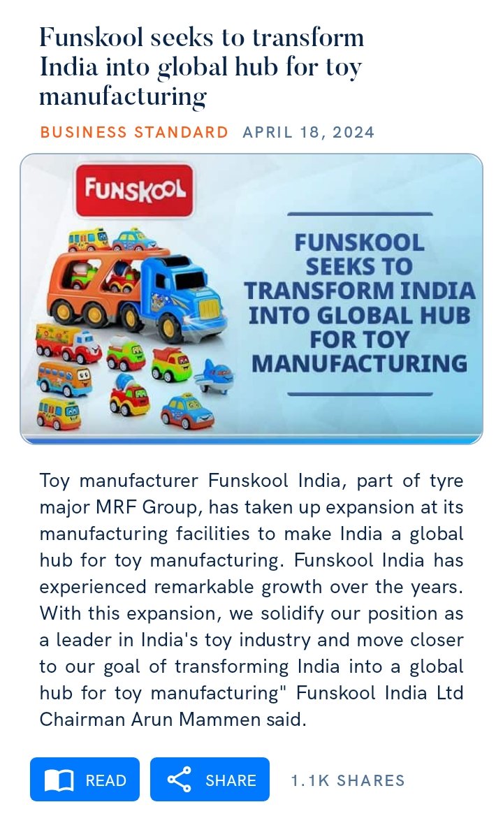 Funskool seeks to transform India into #globalhub for #toymanufacturing 

business-standard.com/companies/news…