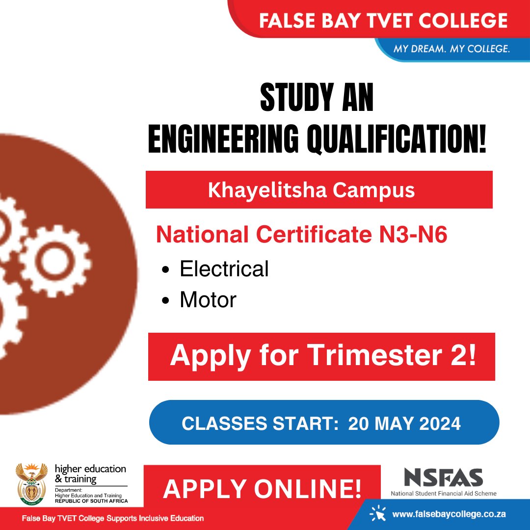 FalsebayCollege's tweet image. Study Engineering N3-N6 programs in Electrical and Motor Mechanics at our Khayelitsha campus! 

Apply and register now here: ow.ly/CUJY50RgUbQ to study for Full-time and Distance Learning.  

Closing date: May 17, 2024. 
 
#Trimester #FBCMyDreamMyCollege #ApplyNow #Fulltime