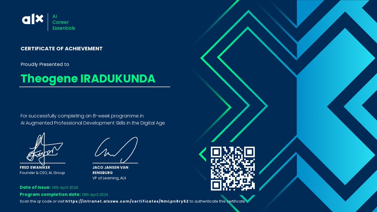 iratheo5's tweet image. I'm happy to share that I've successfully completed #8week's programme in Artificial Interagency argumented Career development skills in the digital age at @AlxRwanda.

Great thanks to @AlxRwanda for bringing such opportunity to us.

#Dohardthings
#Bebold #BeTech