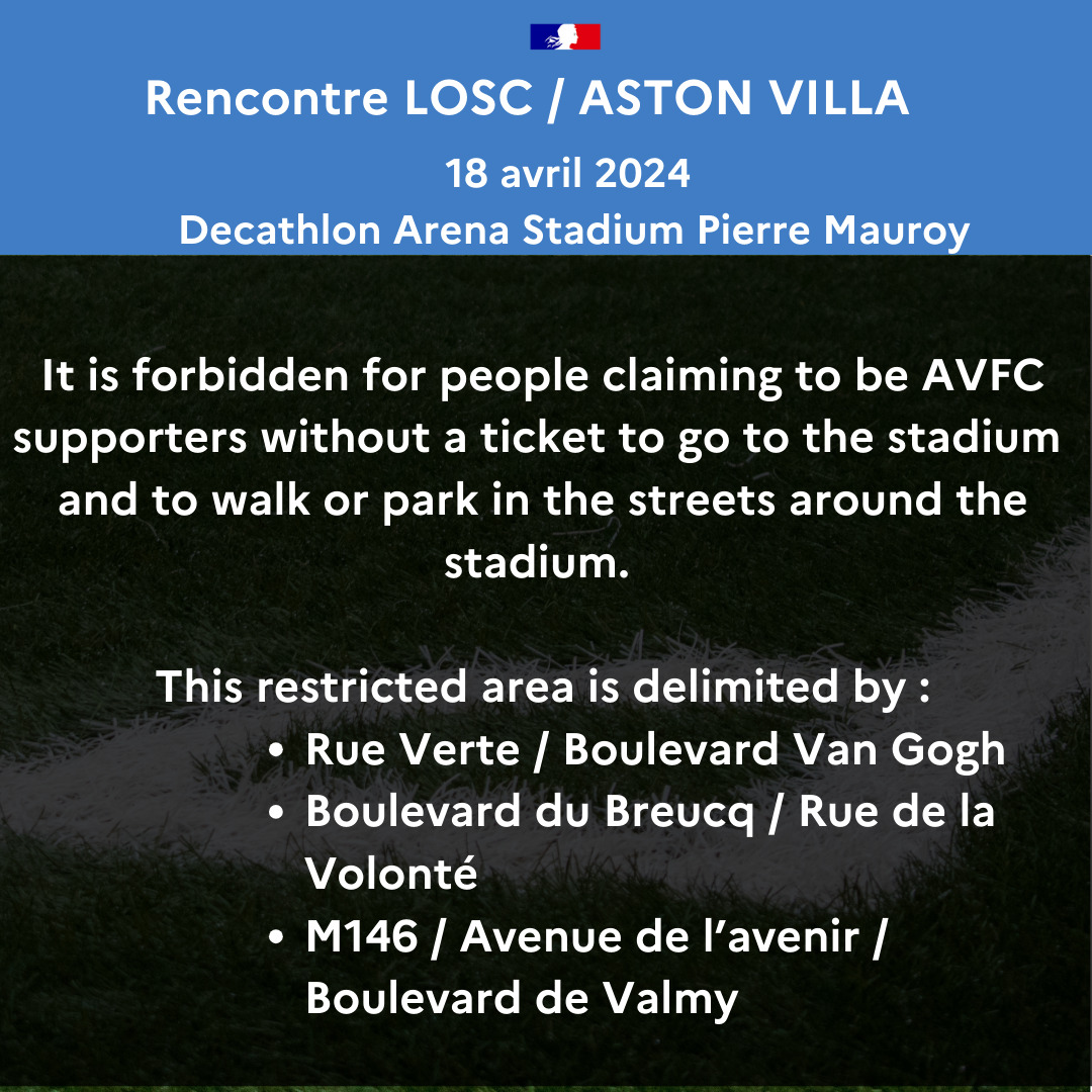 ℹ️#LOSCAVFC Football match @losclive / @AVFCOfficial on April 18th 2024 at @DecathlonArena : below are the measures in place from April 18th (noon) to April 19th (2am).