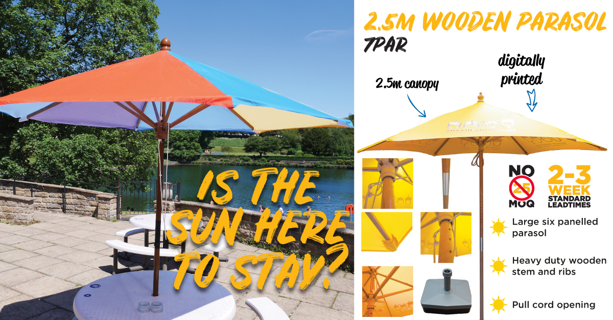 Our 2.5m Wooden Parasol has a 6 panel canopy which is bespoke handmade with your choice of any colour from the spectrum at no extra cost. Pantone match the panels or create your own all over sublimated design!

#wevegotyoucovered☔