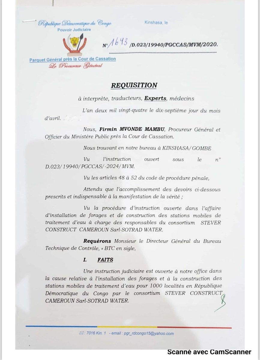pascal_mulegwa's tweet photo. URGENT 🚨 #RDC🇨🇩: Le procureur général près la cour de cassation, Firmin Mvonde veut en savoir davantage sur les forages à plus de 200 000$/pièce du Contrat STEVER CONSTRUCT CAMEROUN Sarl-SOTRAD WATER. Le Magistrat a saisi le DG du Bureau Technique de Contrôle par une réquisition.