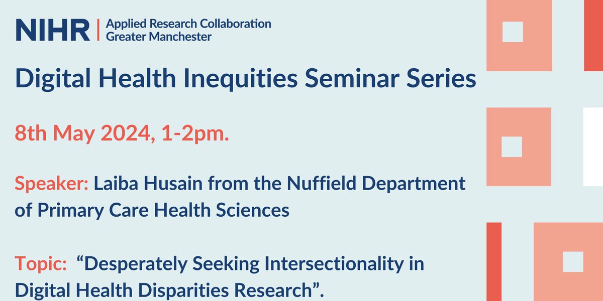 📅 Email digital-inequities@manchester.ac.uk for next month's seminar Zoom details.    

#healthInequalities #digitalhealth #digitalhealthcare