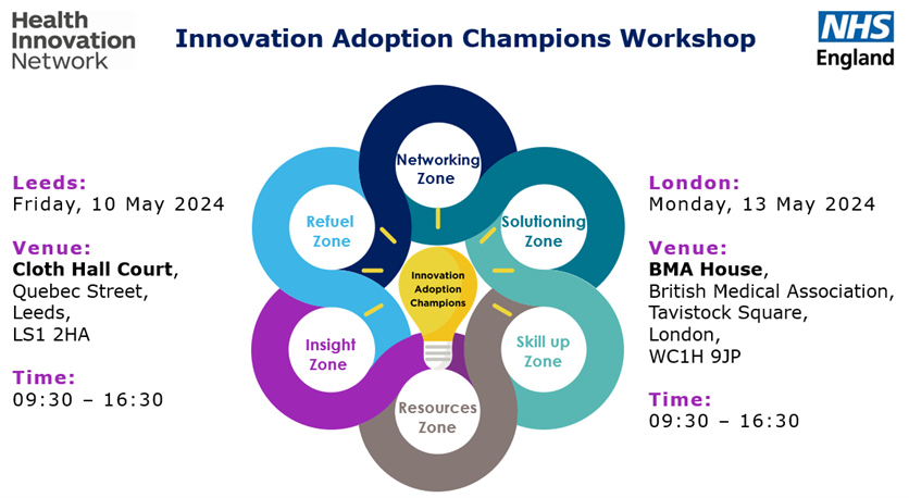 📢Are you passionate about innovation adoption? Develop and enhance your knowledge at one of our interactive events in May organised by @HIWessex ➡️Register for Leeds: eventbrite.co.uk/e/innovation-a…… ➡️Register for London: eventbrite.co.uk/e/innovation-a…