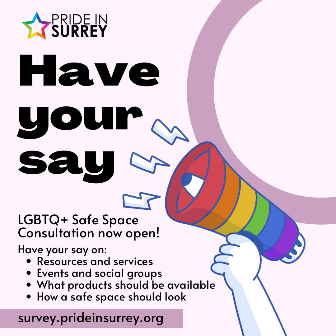 LGBTQ+ Safe Space Survey Now Open! 📣 Have your say on our LGBTQ+ Safe Spaces in Surrey, such as our Pride Hub. Let us know what resources, services, events and anything else you think should be available. Survey link: survey.prideinsurrey.org