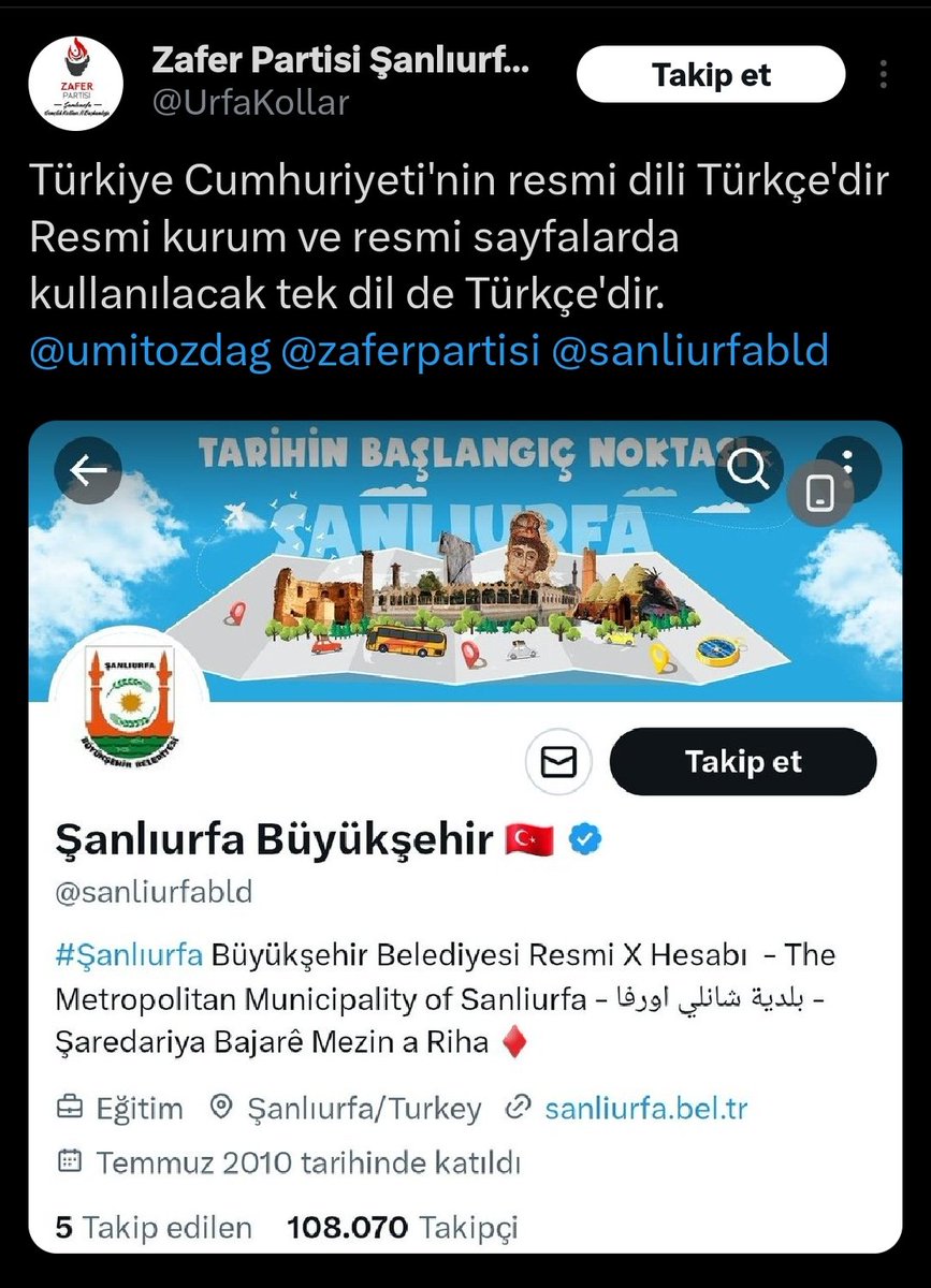 Şanlıurfa Büyükşehir Belediyesinin X sayfasında Arapça, kürtçe ve ingilizce açıklama bulunması haberimizden sonra Zafer Partisi Şanlıurfa İl Gençlik Kolları da bu konuya tepki gösterdi. @umitozdag
