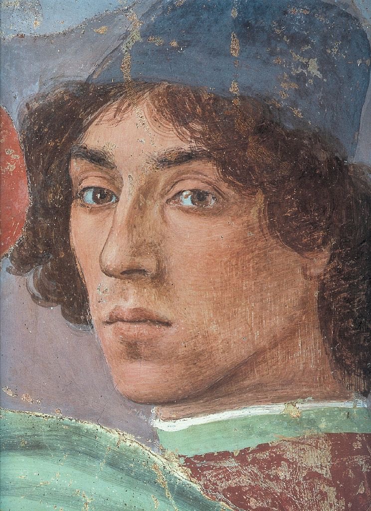 2/2 Filippino Lippi, looking right at you from the edge of his own painting in the Brancacci Chapel, Florence.