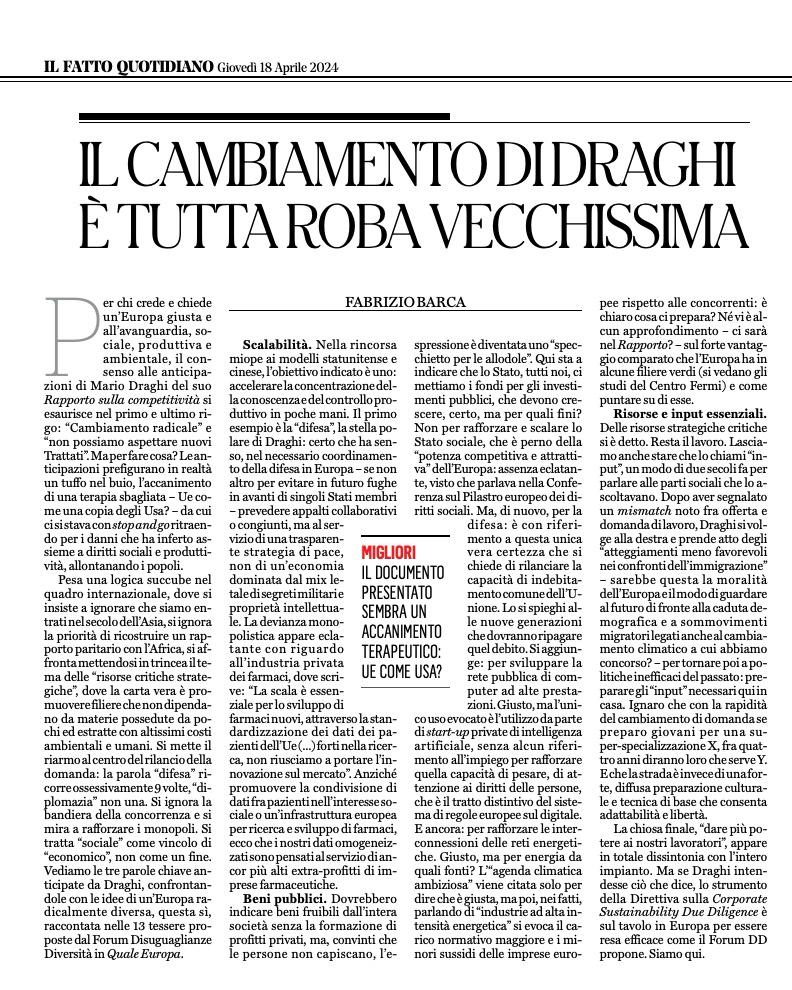 marioricciard18's tweet photo. Stamattina la rassegna stampa dei "riformisti" conteneva un'ampia scelta di articoli plaudenti alle proposte di Draghi sull'Europa. Tutti molto simili, quasi fossero scritti da una sorta di ChatGPT. Mancava, curiosamente, l'articolo di @fabriziobarca che trovate 👇#gatekeeping https://t.co/MhJuxkCHTm