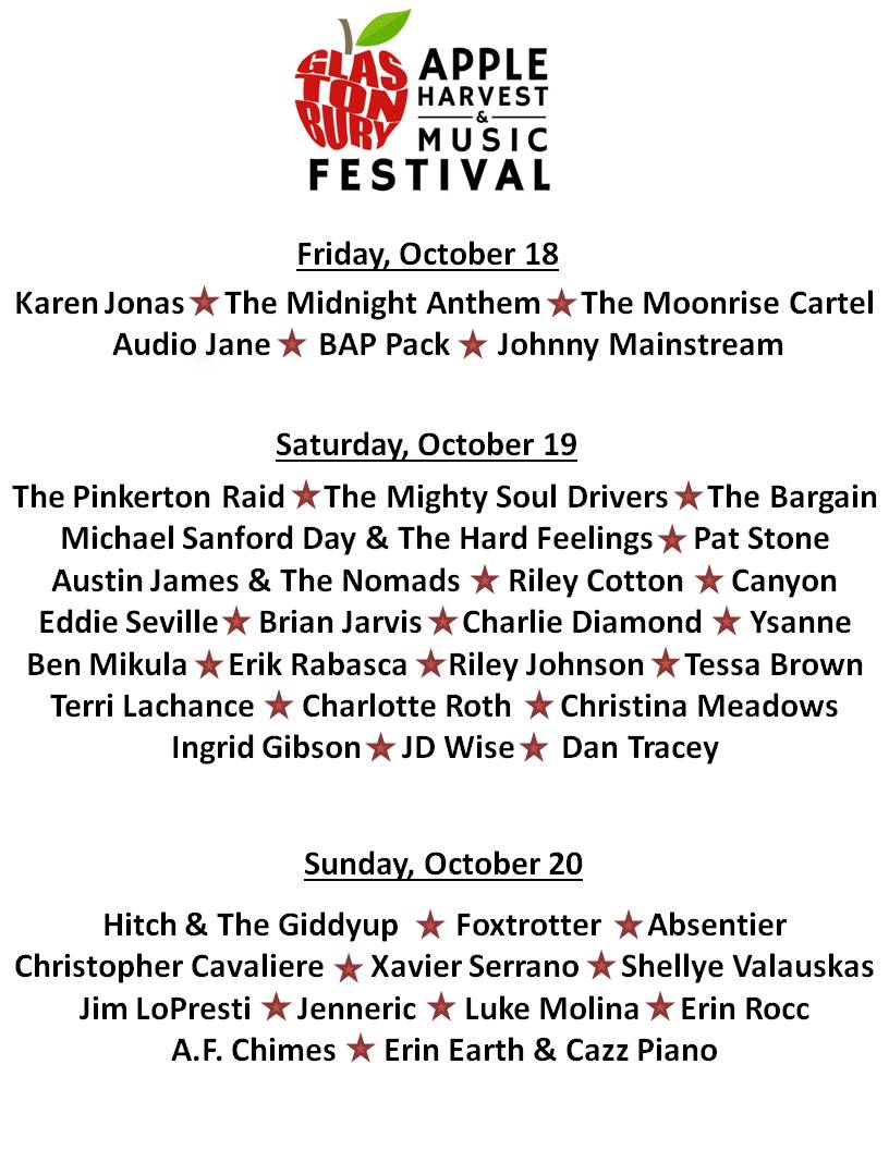 🍏🎶 Exciting News Alert! 🎶🍏

We've just dropped the lineup for the Glastonbury Apple Harvest & Music Festival!

Mark your calendars for October 18-20, 2024. Stay tuned for more updates and info. Let the countdown begin!