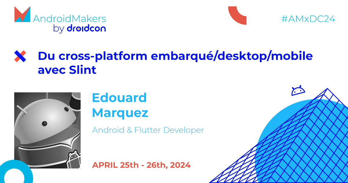 Thrilled to have <a href="/g123k/">Edouard Marquez ☕</a> speak at #AMxDC24 ✨🇫🇷 

This talk will help you understand what #Slint already allows on the embedded/desktop side and see the current mobile possibilities.

Read more here:androidmakers.droidcon.com/edouard-marque…