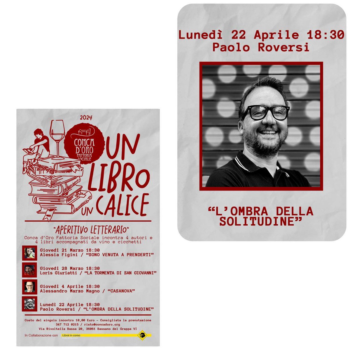 Per la rassegna 'Un libro un calice' lunedì 22 aprile alle ore 18:30 sarò a Bassano del Grappa per un aperitivo con l'autore al ristorante Conca d'oro. Vi racconterò (e brinderò) del nuovo romanzo #LombradellaSolitudine (Marsilio) #paoloroversi #radeschi #presentazioni #incontri