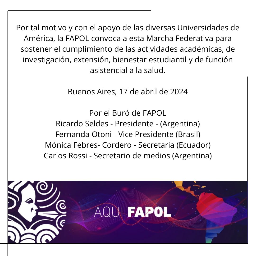 La FEDERACIÓN AMERICANA DE PSICOANÁLISIS DE LA ORIENTACIÓN LACANIANA (FAPOL) con su RED UNIVERSITARIA AMERICANA (RUA) adhieren a la Marcha Nacional Universitaria del 23 de abril en Argentina.🌬️🌬️🌬️🌬️🌬️