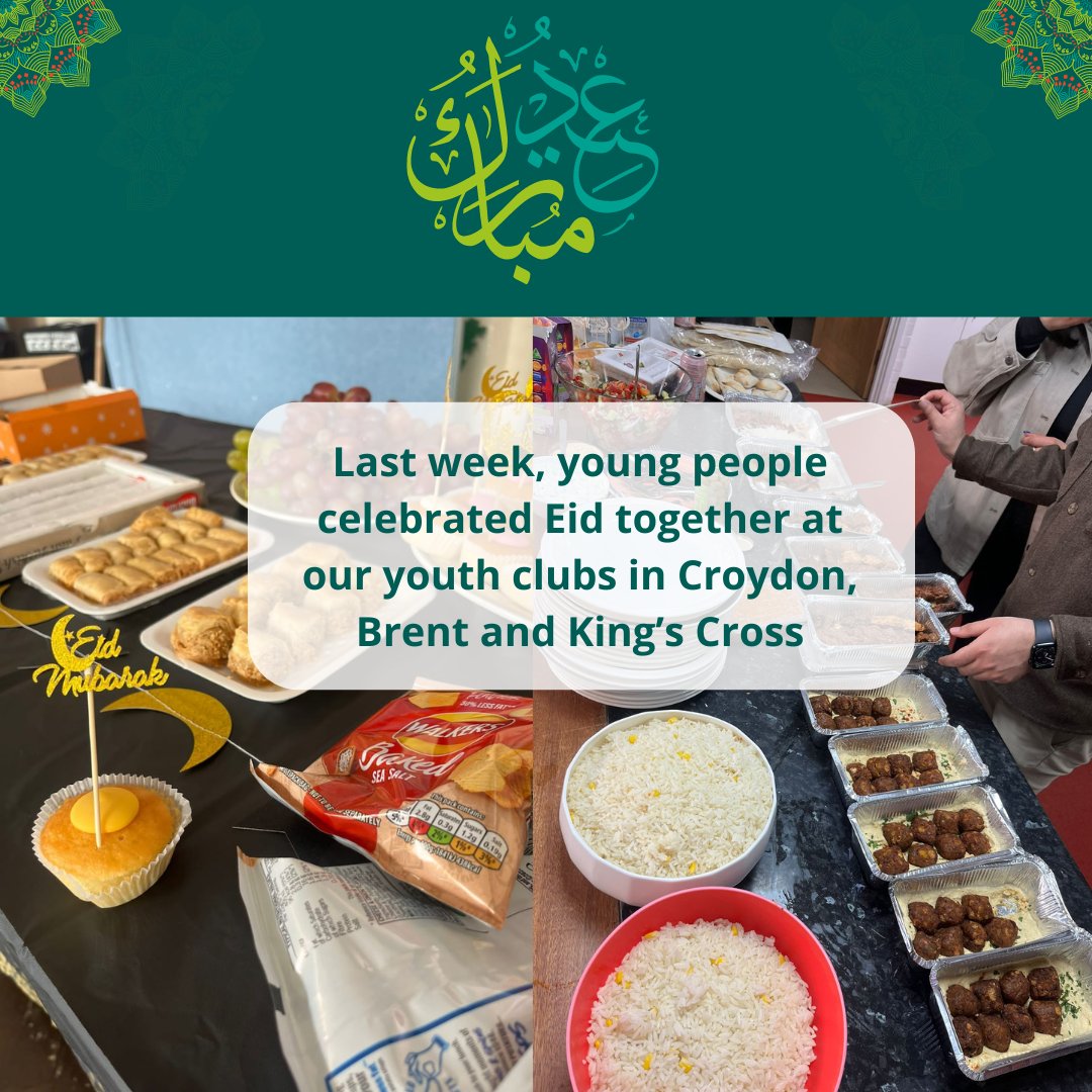 We loved celebrating Eid al-Fitr together at our activities last week. A young person we work with in Brent, M, created this image and told us the party was “an exciting entertainment to finish Ramadan with dancing, stomping, games and various food”.