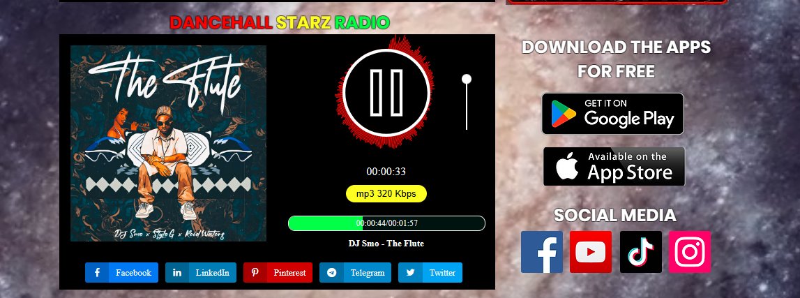 SaveDancehall's tweet image. Dancehall Starz Radio
🔊Jetzt läuft⏯ DJ Smo-The Flute @ reggae-universe.com/#DancehallStar… @ReggaeStarz_RSR @RSR_ENT_GROUPUK @reggaeunivrse @reggaeunrecords @reggaeunivrsetv #Wurzeln #fangen #Reggae #soca #Tanzsaal #LiebhaberRocken #Jamaika #iranisch #StromReggaeUniversum🌍