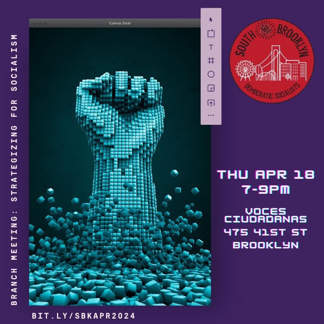 Join us tonight at 7 PM to discuss DSA’s role in the national 2024 presidential election, as well as our vision for the city budget with @alexaforcouncil. We will write @PeoplsPlanNYC postcards to send to @ericadamsfornyc and other elected representatives: bit.ly/sbkapr2024