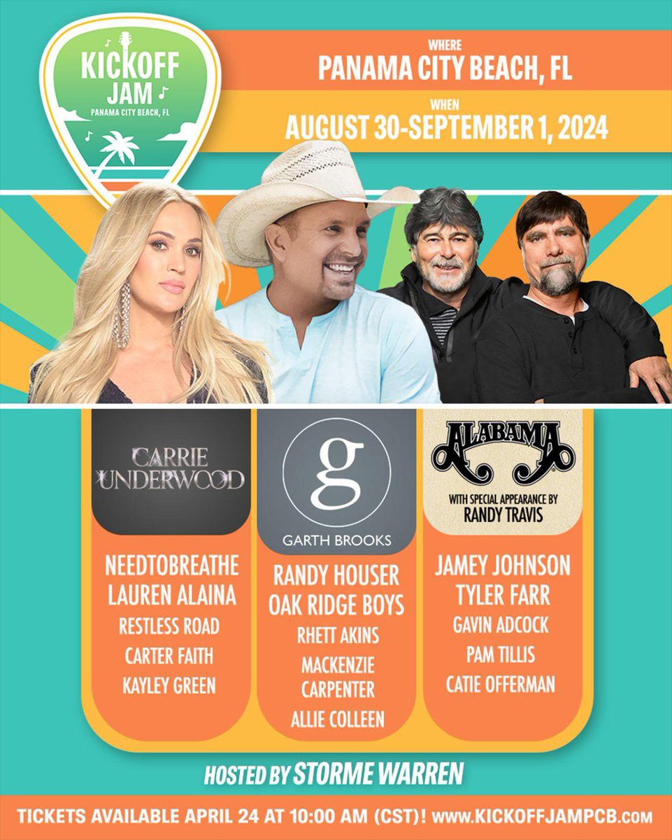 ProducerJam's tweet photo. @garthbrooks @carrieunderwood and @TheAlabamaBand coming to @VisPCBeach #Labordayweekend #kickoffjam tickets on sale the 24th on April https://t.co/DORTexz2GJ