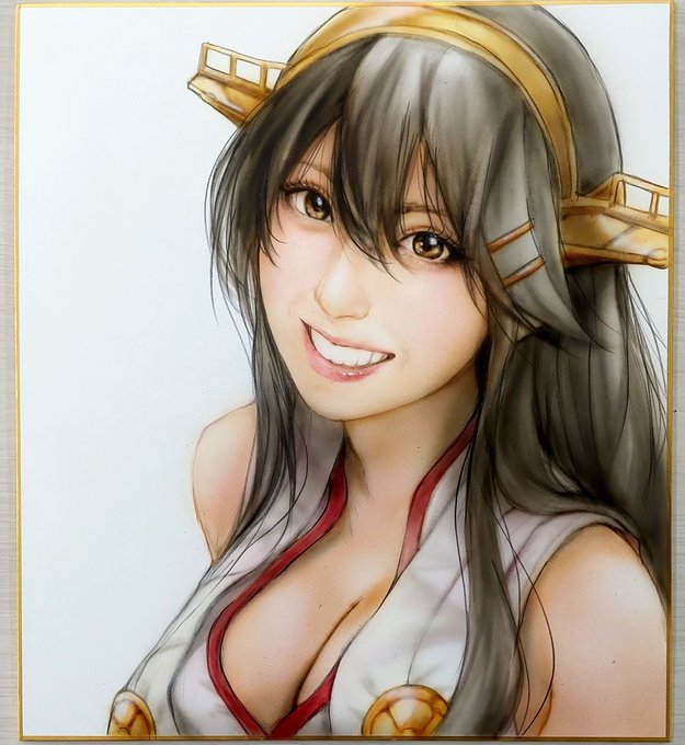 リアル風 榛名の色紙
擬装の部分をゴールドパールにしてキラキラするか悩み中～
あと背景どうしようかな～
神戸かわさきは色紙7枚描いてく事が目標～('∀`) 