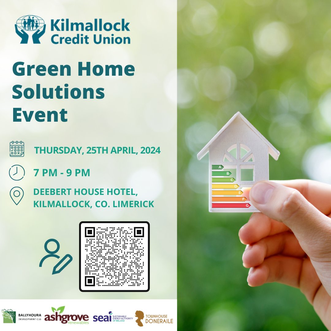 🟢 Green Home Solutions Event 🟢 🗓️ April 25, 2024 | 7-9 PM 📍 @DeebertHseHotel, Kilmallock Join @KilmallockCU for a free info evening on #sustainablehomesolutions with experts from @AshgroveIreland @SEAI_ie @MyraRyall1. Register: t.ly/TS05B #GreenHomeSolutions