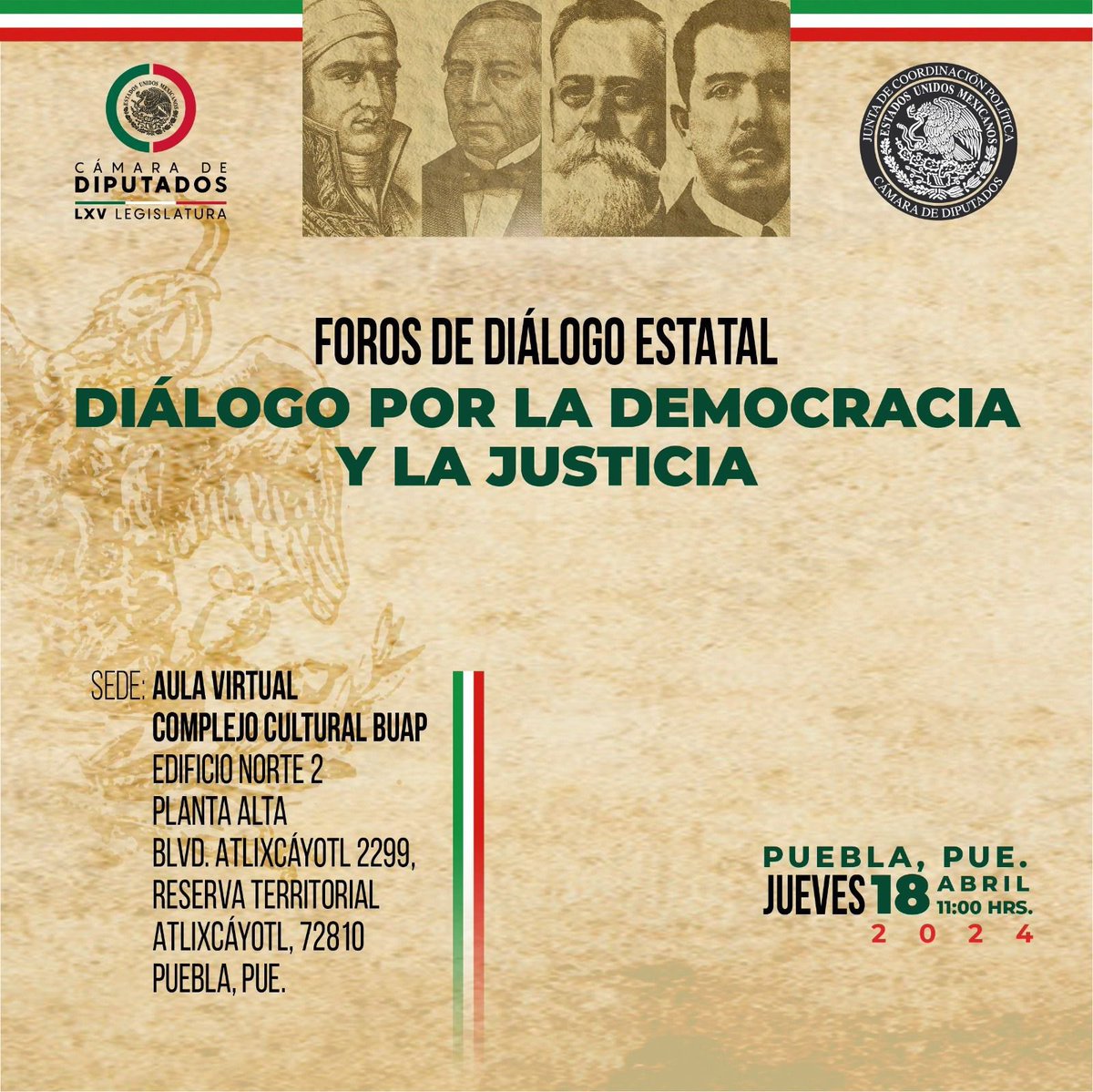 ¡Acompáñanos! Hoy estaremos en Puebla para realizar el Foro de Diálogo Estatal por la Democracia y la Justicia, donde hablaremos sobre el Poder Judicial, los organismos autónomos y el INE, entre otras cosas. Sigue también la transmisión en vivo por @Mx_Diputados. 🕚 11 AM