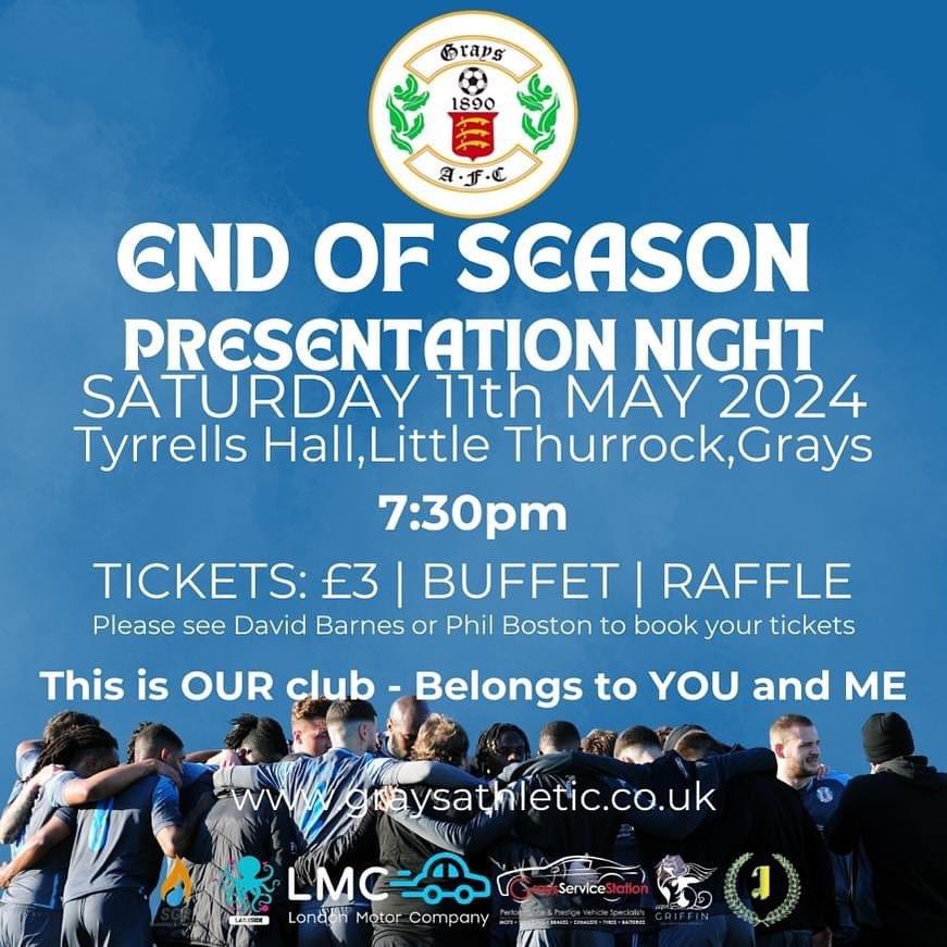 🏆There’s still time to get your ticket for our End of Season Presentation night! ⚽️Saturday 11th May, Tyrrells Hall, Grays 7:30pm Just click the link below or see David Barnes or Phil Boston to buy your tickets! 💙 app.fanbaseclub.com/Fan/Fixtures?f…