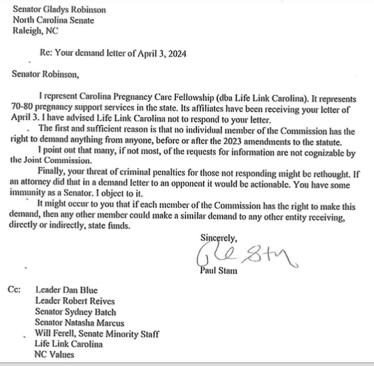 Former legislator and attorney Paul 'Skip' Stam represents some of the private schools & pregnancy centers being harassed & has sent letters to both Garrett and Robinson essentially telling them they don't have the authority to make the demands and stop the threats. #ncga #ncpol