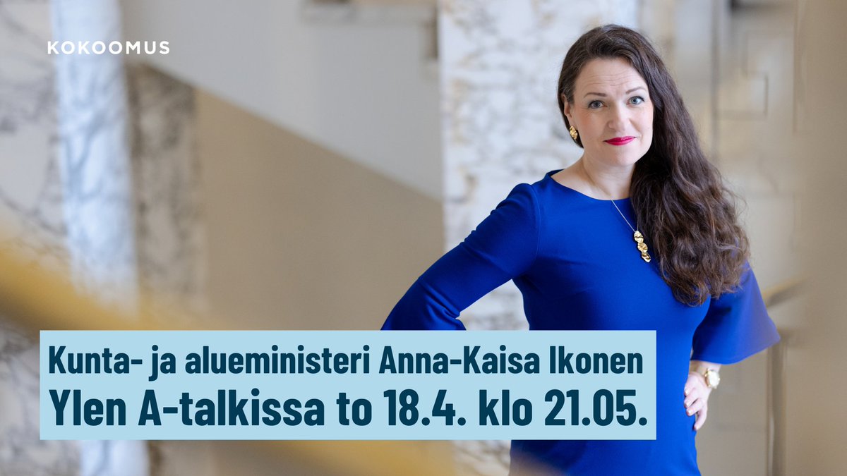 Illan A-talkissa mukana kunta- ja alueministeri Anna-Kaisa Ikonen! 💙 ➡️ Käännä kanava Yle TV1:lle tai katso Yle Areenasta klo 21.05 alkaen. Luvassa keskustelua hyvinvointialueiden tulevaisuudesta. #kokoomus #YleAstudio