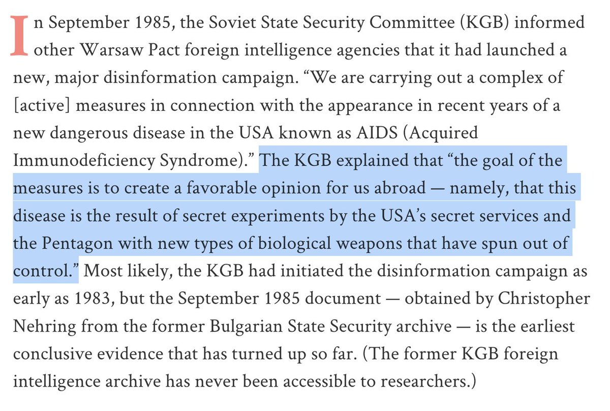 The claim that HIV was created by the US government in the 1980s is extremely well documented Russian propaganda. Rodgers can believe what he wants to believe, but here he just sounds like an angry idiot. thereader.mitpress.mit.edu/operation-denv…