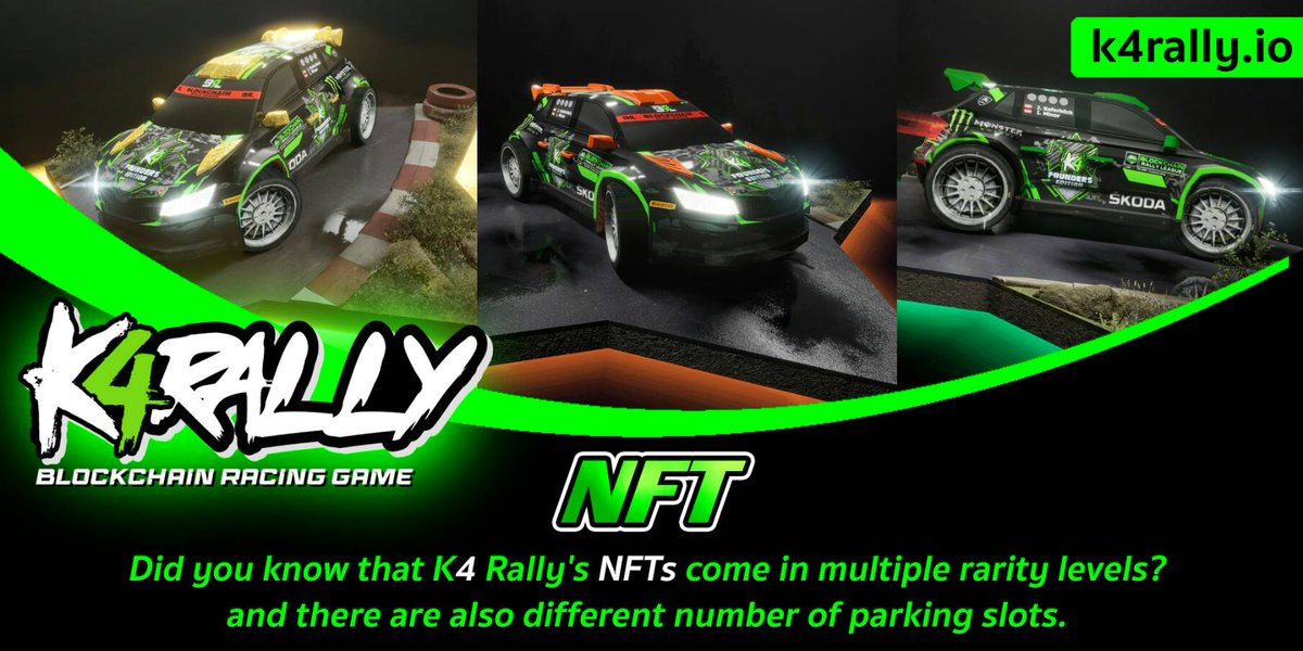 🏁 Did you know that NFT Race Cars in @K4Rally differ in rarity and the number of car park slots? This provides maximum possibilities to create your individual rally car 🏎️ ✅ #K4Rally #BlockchainGaming #NFT #NFTGame
