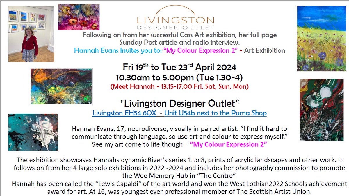 See below for a fantastic opportunity!  One of our learners is having an art exhibition in the Livingston Designer Outlet starting tomorrow! #widerachievement