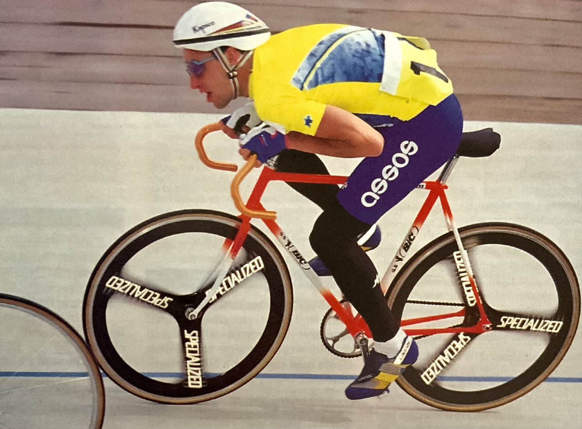 Graeme Obree during the scratch race at the Herne Hill Good Friday meeting, 1994, taking second place riding a conventional track bike but in his familiar crouch position. 📷 @PhilOCPhotos