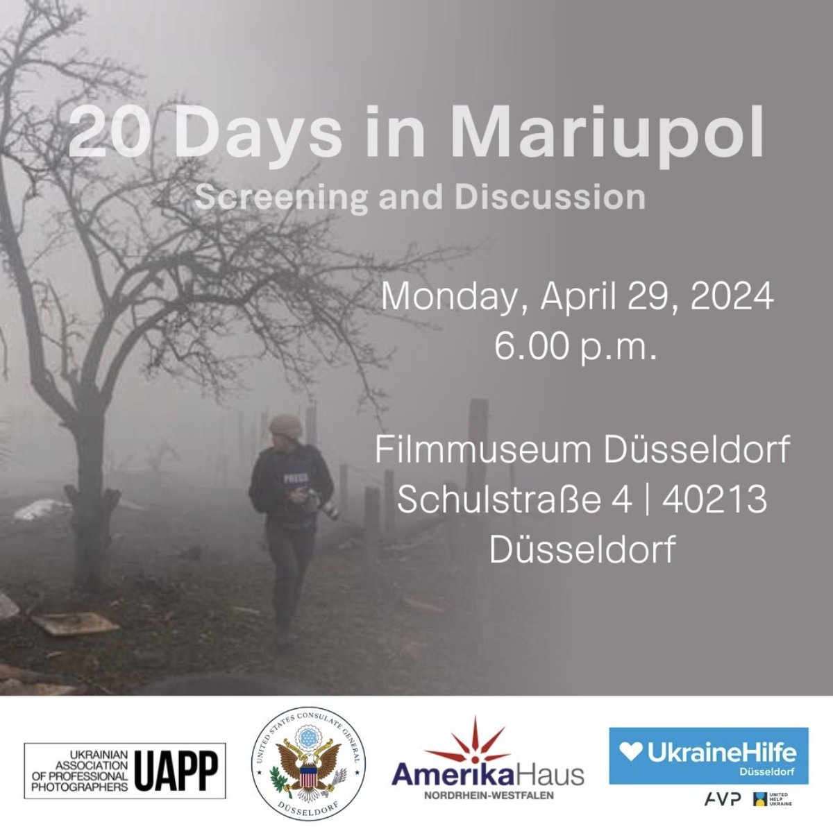 🎬 Together with the Amerikahaus NRW and the Ukrainehilfe Düsseldorf, a joint project of AVP e.V. (Germany) and @UnitedHelpUA, we cordially invite you to join us for a screening and discussion of the Academy Award winning Best Documentary Feature Film in 2024, 20 Days in…