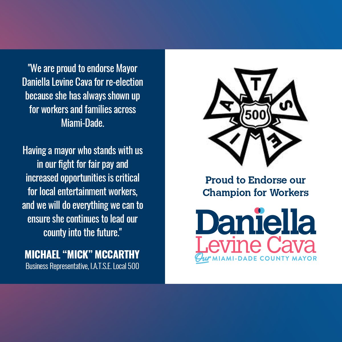 I am beyond proud to be endorsed by @IATSE Local 500 members, as entertainment workers across the country are fighting for their dignity and rights on the job. I am honored to stand with them in solidarity for the fair pay and protections they deserve.