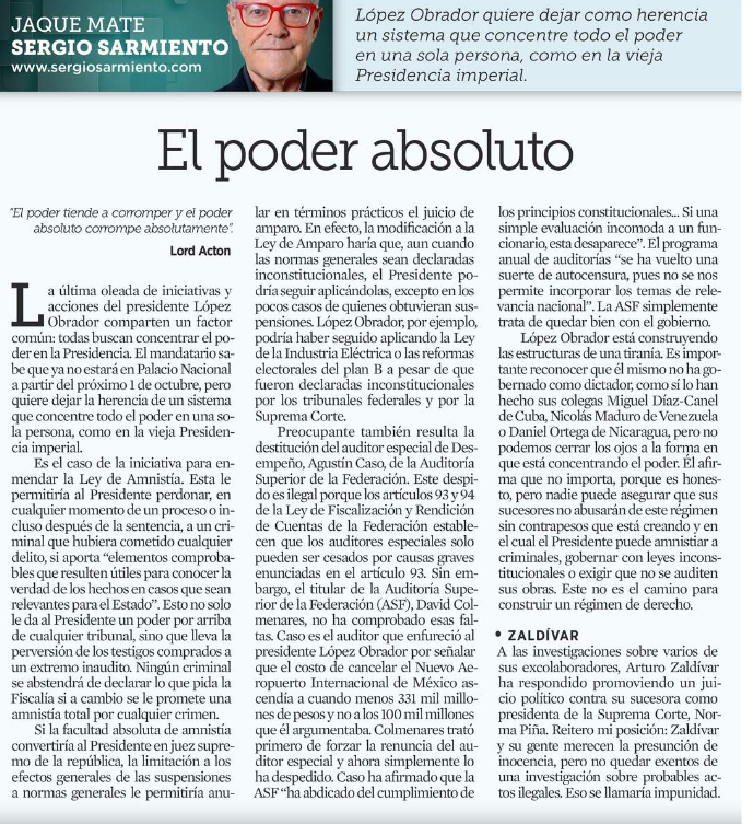 acastilloDC's tweet photo. López Obrador está construyendo las estructuras de una tiranía. El mandatario quiere dejar la herencia de un sistema que concentre todo el poder en una sola persona, como en la vieja Presidencia imperial. @SergioSarmiento https://t.co/TkjYCLLo2m