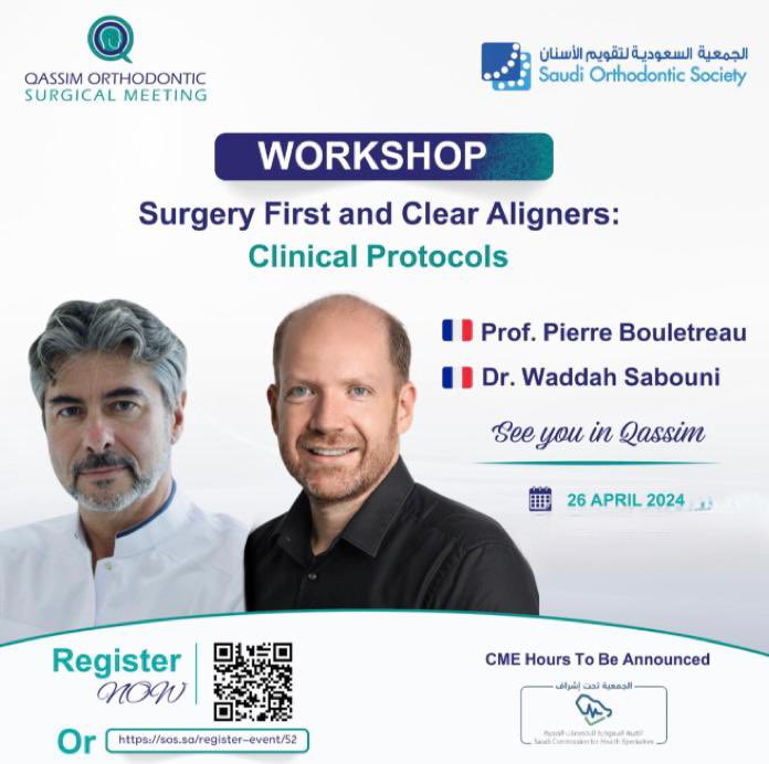 "🔬✨ ندعوكم لحضور اللقاء العلمي القادم "The Synergy of Orthodontist and surgeon" في مركز القصيم العلمي بتاريخ 26-27 أبريل! 🌟 
وانضموا إلينا أيضاً لورشة العمل المصاحبة "Surgery first and clear aligners: clinical protocols"

للتسجيل:
sos.sa/events