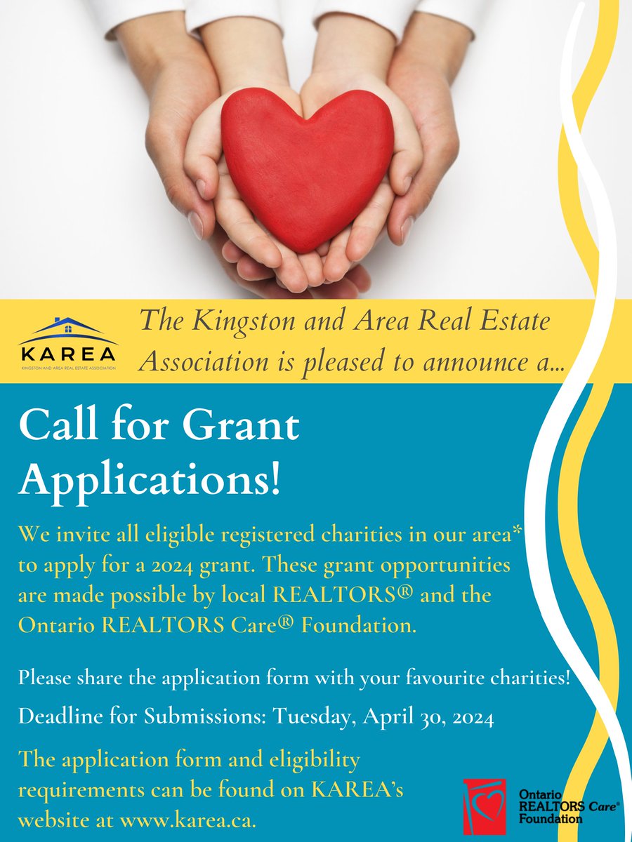 Please repost and help spread the word! KAREA is accepting grant applications.  For more information, including eligibility requirements, visit karea.ca.  #REALTORS #REALTORSCare #charity #ORCF #YGK #GreaterNapanee #Gananoque #Frontenac