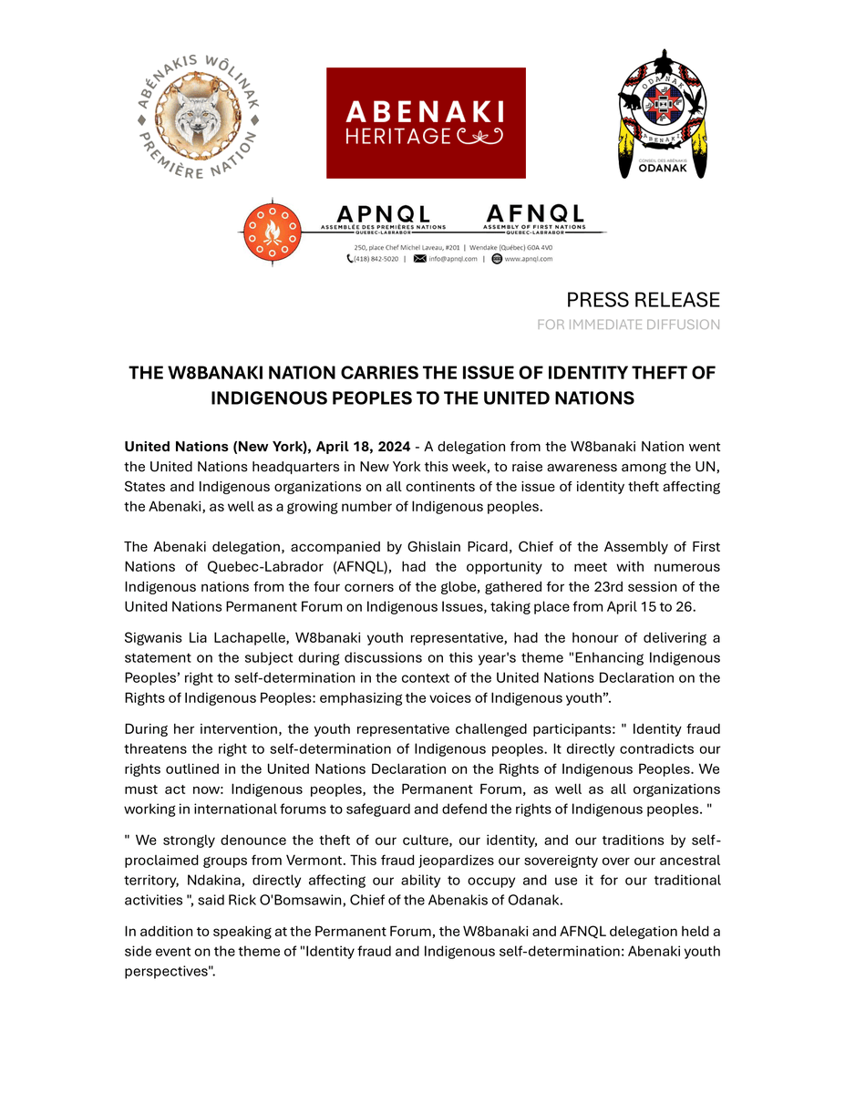 SEIZE03_fil's tweet photo. Press release: The W8banaki Nation carries the issue of identity theft of Indigenous peoples to the United Nations

#UN #IndigenousPeoples #identitytheft #W8banaki #Abenaki #vermont https://t.co/xujPVYXgRy