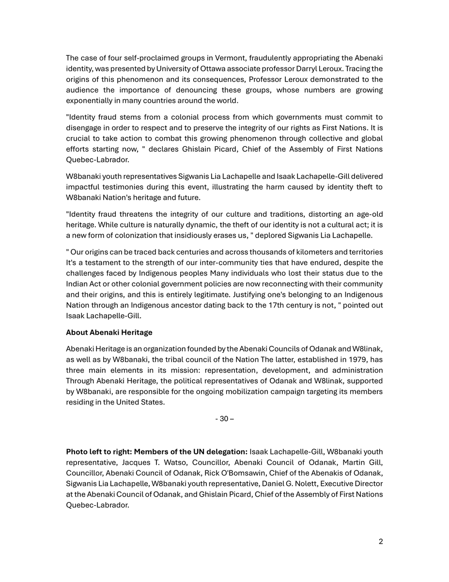SEIZE03_fil's tweet photo. Press release: The W8banaki Nation carries the issue of identity theft of Indigenous peoples to the United Nations

#UN #IndigenousPeoples #identitytheft #W8banaki #Abenaki #vermont https://t.co/xujPVYXgRy