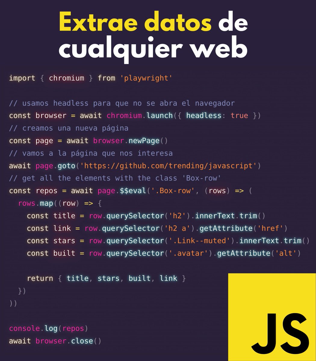 midudev's tweet photo. ¡Cómo usar JavaScript para hacer scrapping!

① npm install playwright
② Abre la página web que quieras
③ Usa el DOM para extraer los datos
④ Transforma los datos a JSON
⑤ Disfruta de los datos

Ejemplo de código para usarlo con GitHub ↓ https://t.co/jy7agp8ZsG