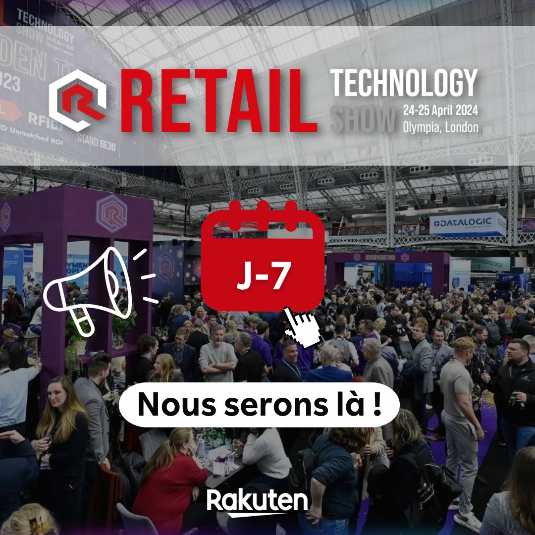 J-7 📣 

Retrouvez nos équipes au @RetailTechShow pour découvrir les solutions de @RakutenFrance à destination des marques et retailers ! 

Stay Tuned 👀 

#RTS2024 #RetailMagic #TechInnovation #RetailInnovation #RetailTech
