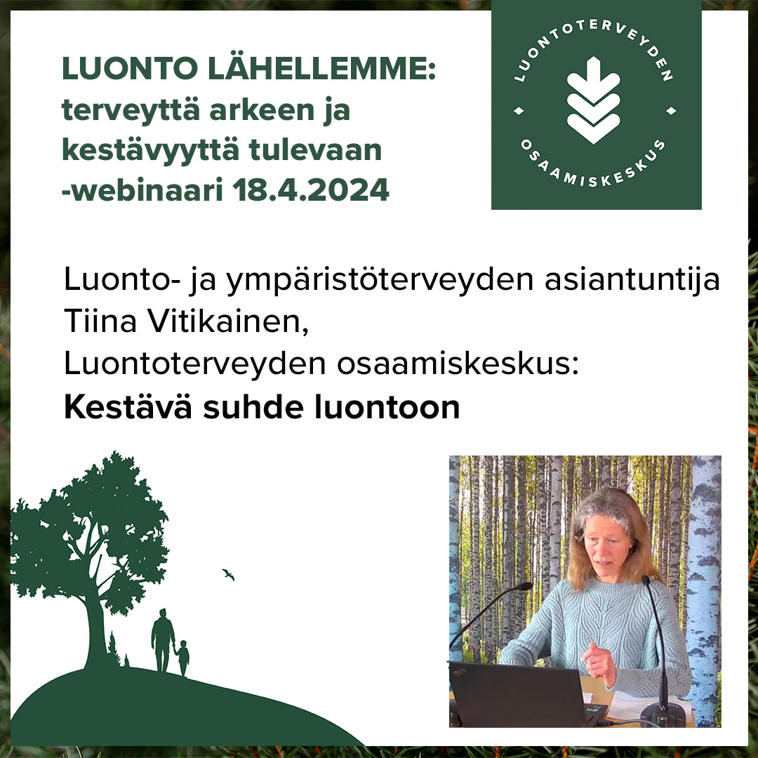 Lapsena luotu suhde luontoon on hyvä pohja kestävälle luontosuhteelle. Jos lapsena liikkuu paljon luonnossa, todennäköisesti tekee niin myös aikuisena. Terveydenhuollolla on rooli ohjata jokaisen arkeen planetaarista terveyttä, sanoi asiantuntija Tiina Vitikainen. #luontoterveys