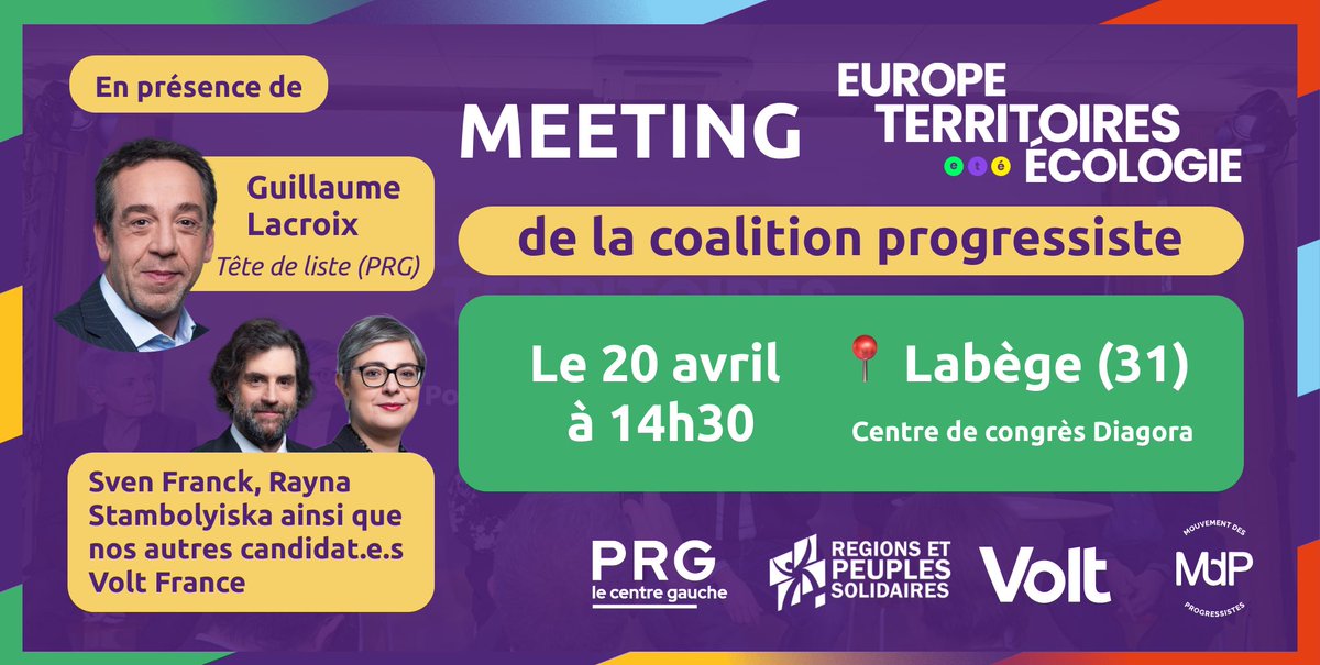 La coalition progressiste tiendra son meeting de lancement de la campagne pour les #Elections2024 ce week-end! 💜 À cette occasion, Volt France sera aux côtés de @Lacroix_PRG , tête de liste d'Europe-Territoire-Écologie, pour la présentation du projet ainsi que de nos