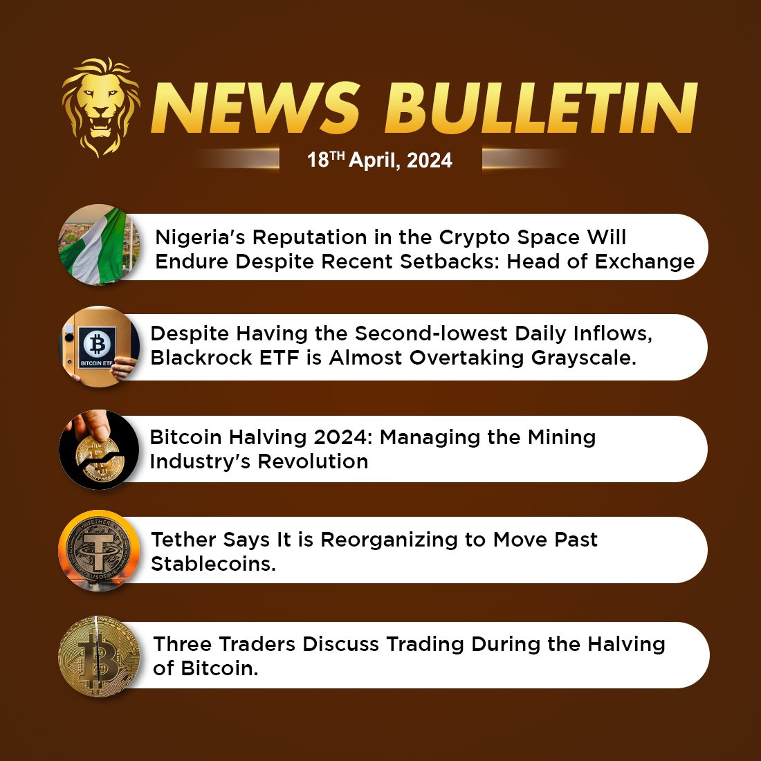 #CoinGabbar Latest News Bulletin: April 18th, 2024

Read More News: coingabbar.com/en/crypto-news…

#CryptoNews #Bitcoin #cryptoexchange  #defimarket #bitcoinhelving #Foreignexchanges #tether #cryptocurrency #cryptonews #cryptonewstoday