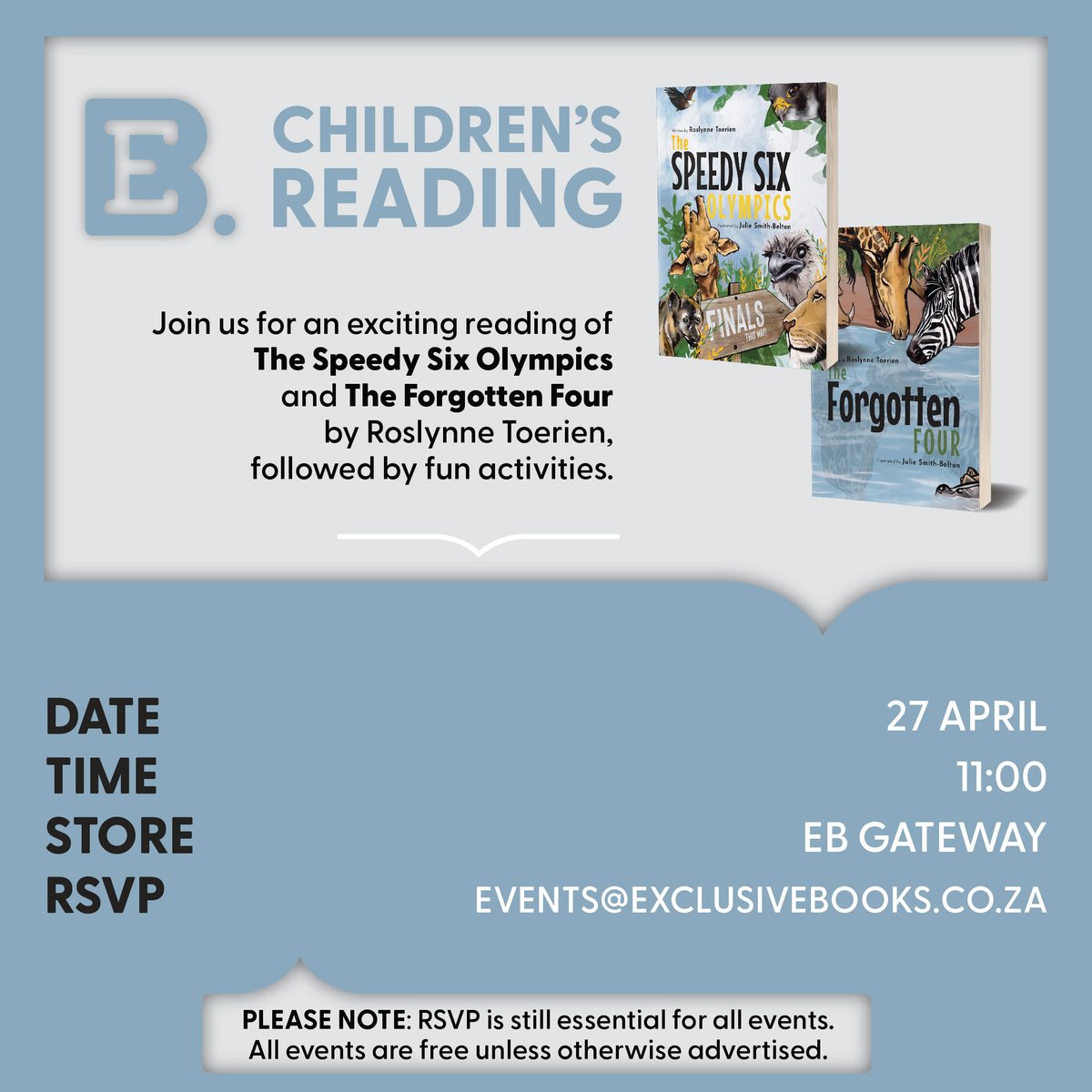 📍🗓️ Join us at EB @GatewayUmhlanga for an exciting children's reading for The Speedy Six Olympics and The Forgotten Four by Roslynne Toerien! @PenguinBooksSA RSVP to events@exclusivebooks.co.za