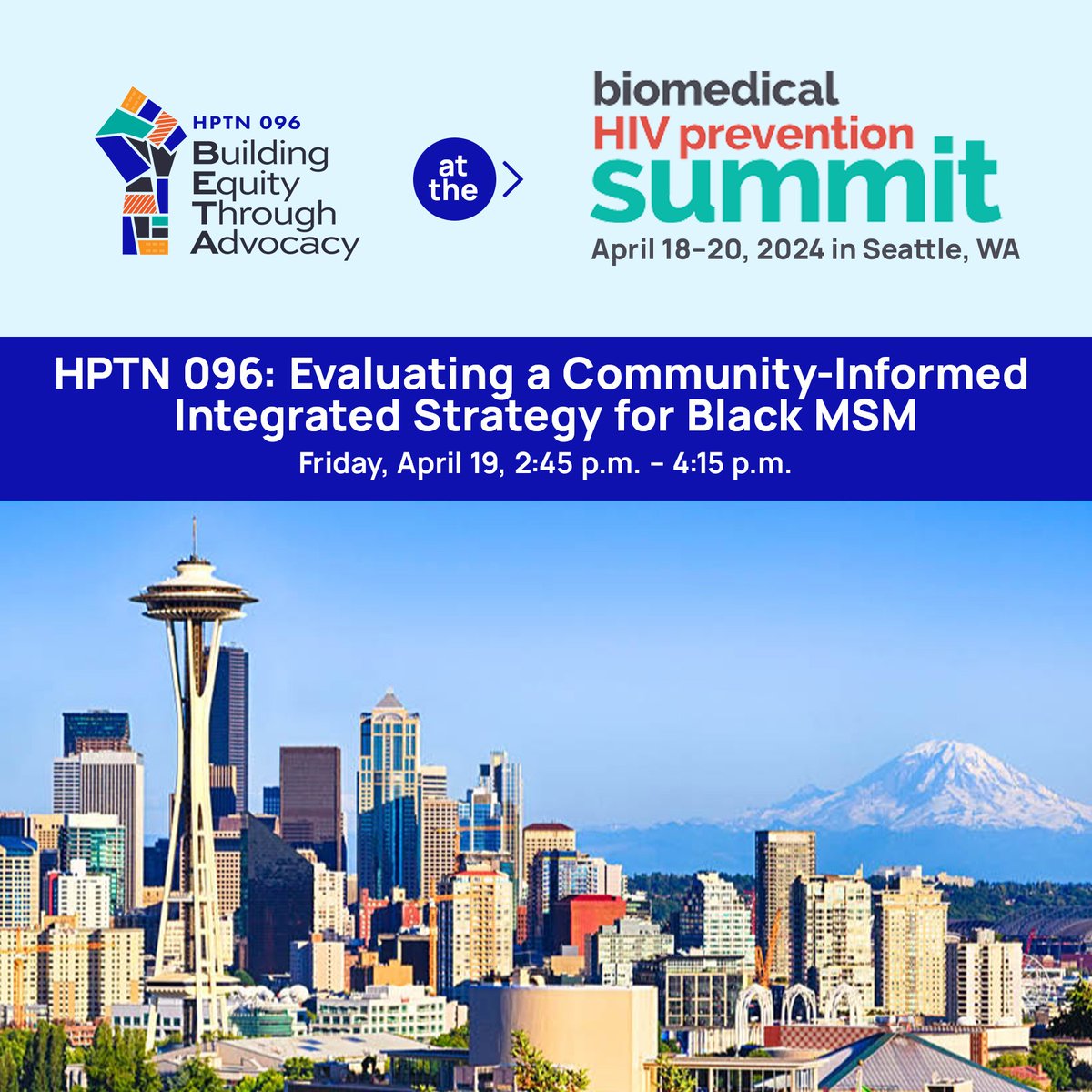 🌟 Join us at the 2024 Biomedical HIV Prevention Summit in Seattle! 🔹 PrEP in Black America Pre-Conference 🔹 HPTN 096:Community-Informed Integrated Strategy for Black MSM 🔹 Visit us at Booth #201 for info! 🔗 More details: biomedicalhivsummit.org/agenda #HIVPrevention #HPTN096