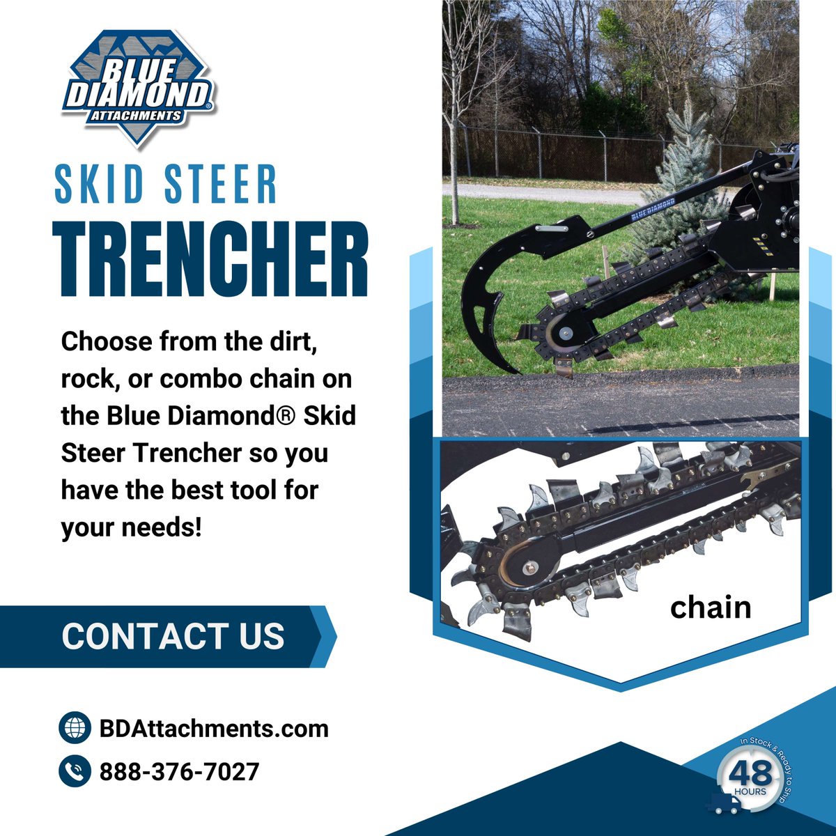 Choose from the dirt, rock, or combo chain on the Blue Diamond® Skid Steer Trencher so you have the best tool for your needs! #BlueDiamondSkidSteer #TrencherAuger #ExcavationTools #ConstructionEquipment

Click bluediamondattachments.com/find-my-dealer to find a dealer near you!