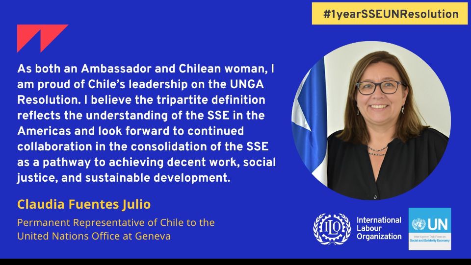 En el 1° aniv de la Res de la AGNU sobre 'Promoción de la Economía Social y Solidaria para el Desarrollo Sostenible', Emb @Cfuentesjulio destaca el liderazgo de 🇨🇱 en la materia y la consolidación de la #ESS como vía necesaria para alcanzar mayor #justiciasocial y #trabajodecente