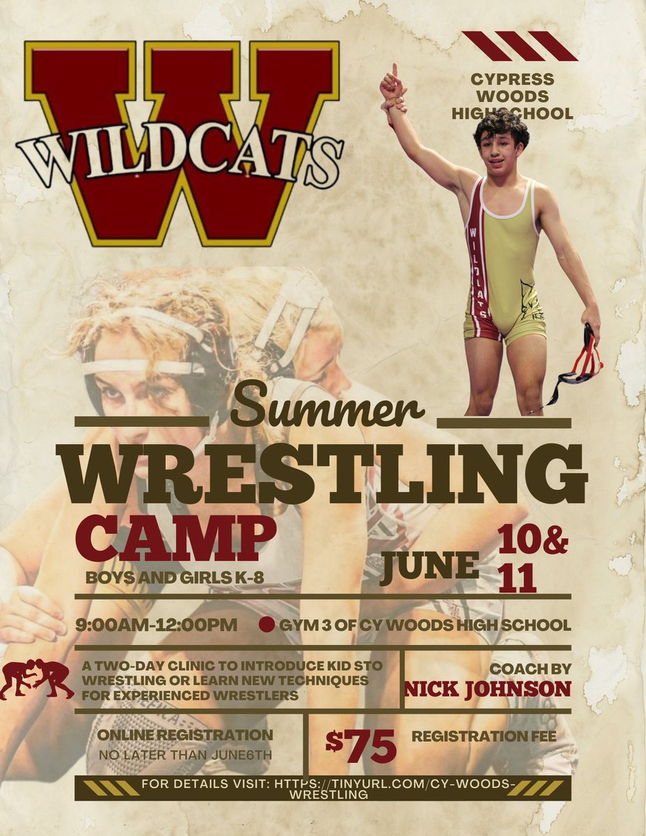 come out to  wrestling camp for k-8th grade all skill levels welcome!

tinyurl.com/cy-woods-wrest…